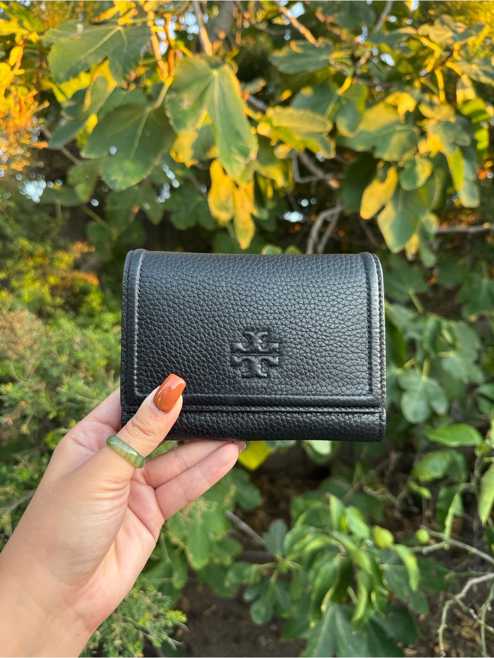 Tory Burch Black Pebbled Leather Small Wallet with Logo